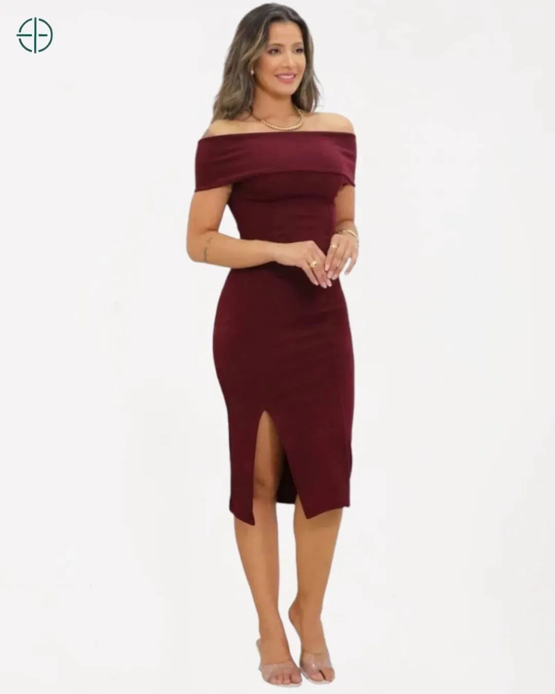Vestido Midi Tubinho Fenda Lateral Ombro a Ombro | Rest Money™
