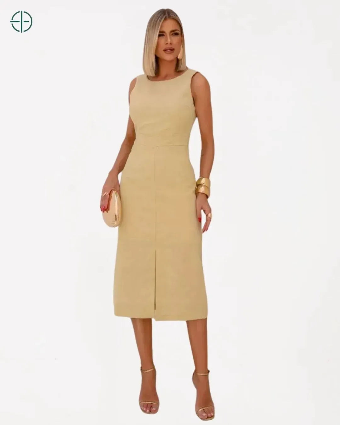 Vestido Midi de Linho com Alças Largas e Fenda Sofisticada | Rest Money™