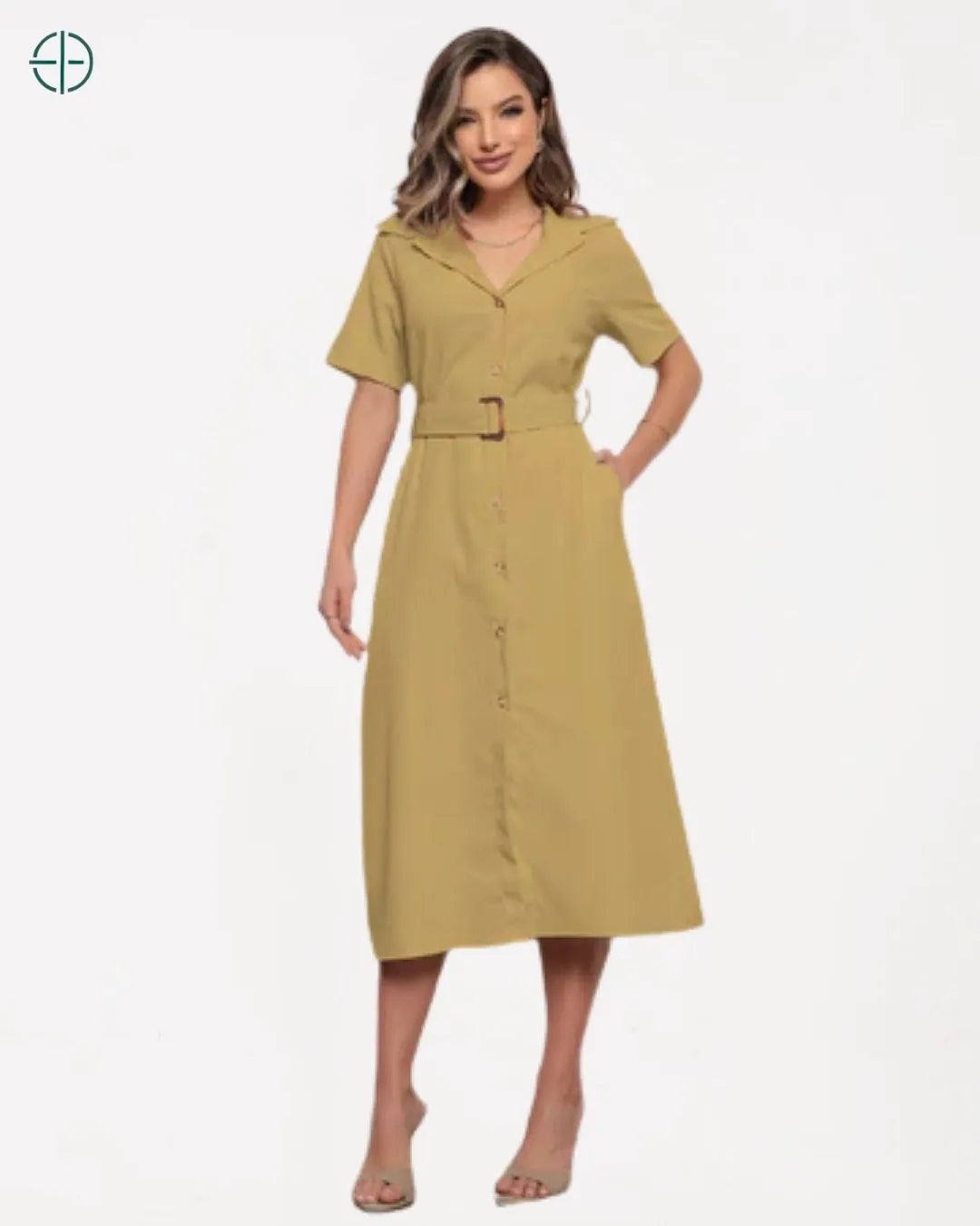 Vestido Midi Manga Curta Linho Botões Gola Bolsos Cinto | Rest Money™