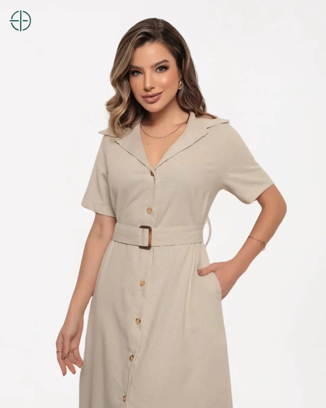 Vestido Midi Manga Curta Linho Botões Gola Bolsos Cinto | Rest Money™