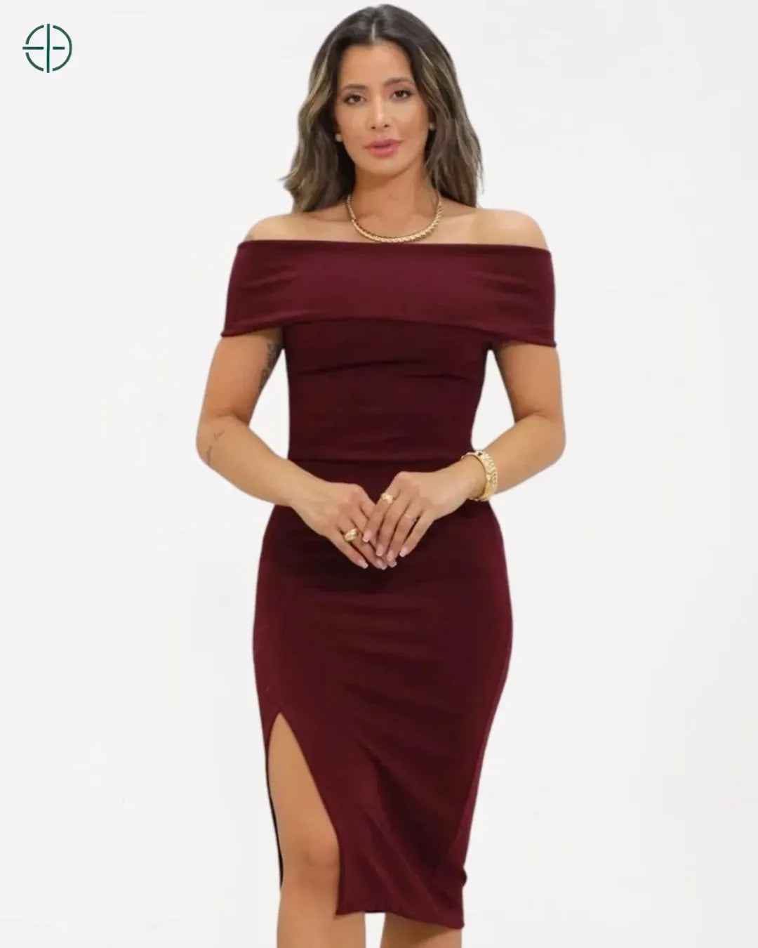 Vestido Midi Tubinho Fenda Lateral Ombro a Ombro | Rest Money™