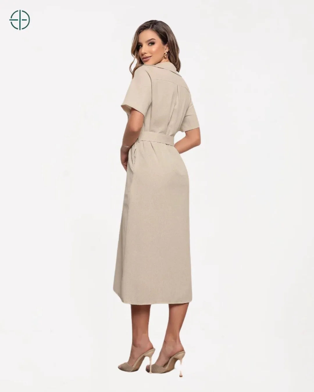 Vestido Midi Manga Curta Linho Botões Gola Bolsos Cinto | Rest Money™