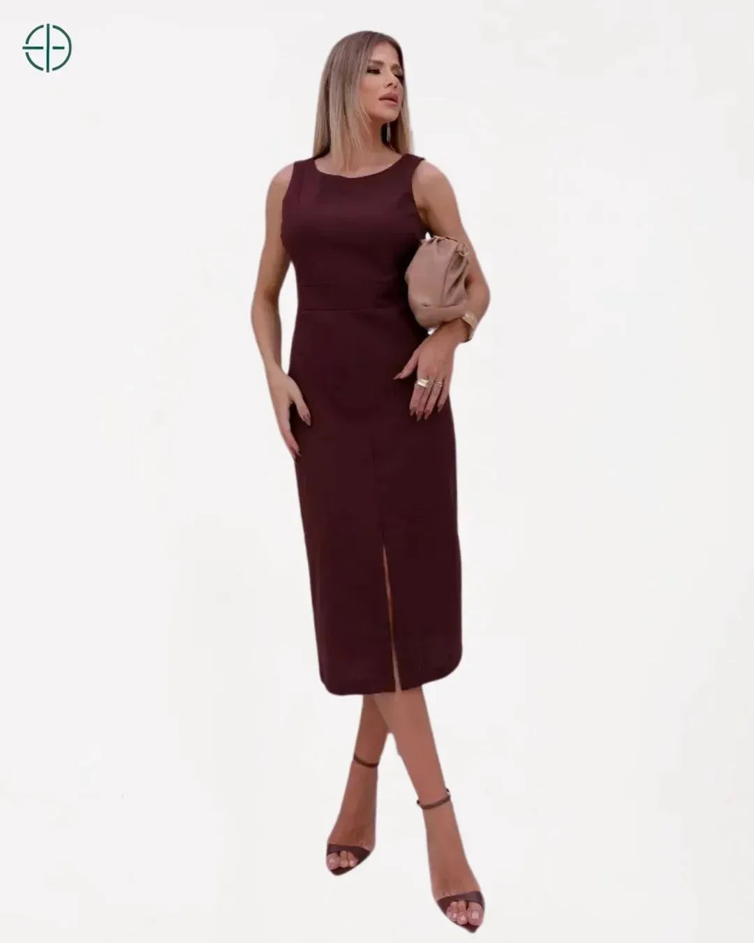 Vestido Midi de Linho com Alças Largas e Fenda Sofisticada | Rest Money™