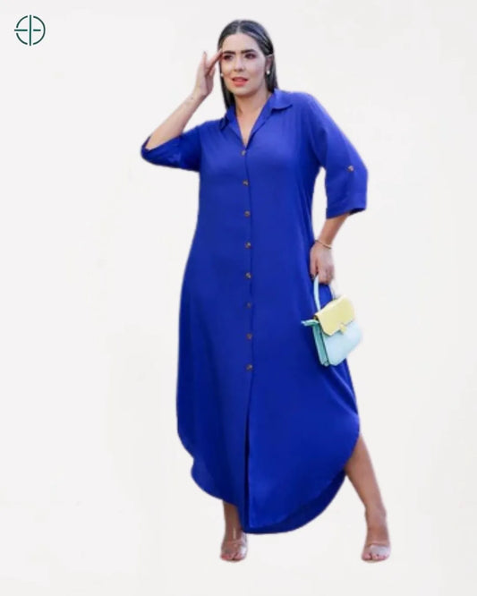 Vestido Chemise Longo Viscolinho Manga 3/4 Liso | Rest Money™