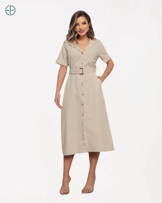 Vestido Midi Manga Curta Linho Botões Gola Bolsos Cinto | Rest Money™