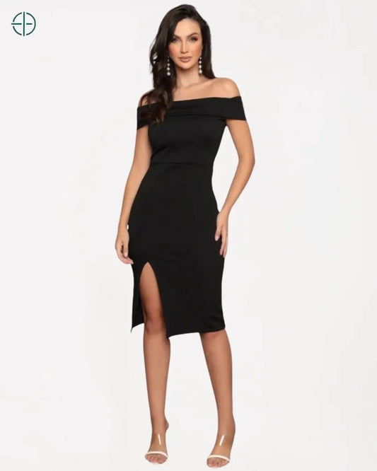 Vestido Midi Tubinho Fenda Lateral Ombro a Ombro | Rest Money™