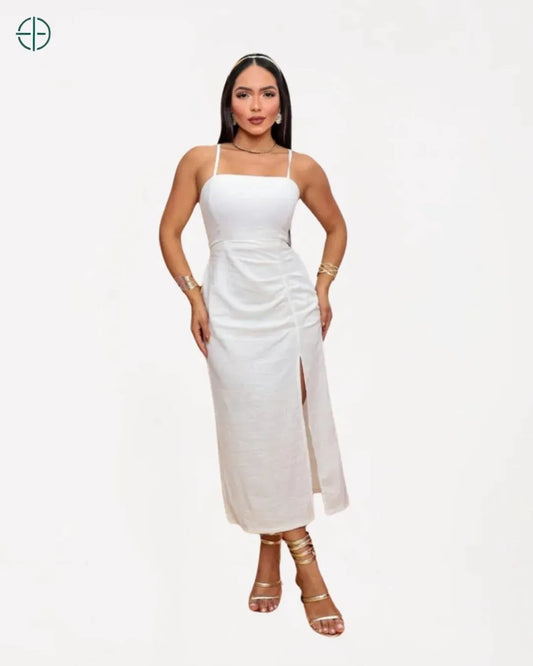 Vestido Midi de Linho | Amarração nas Costas Drapeado | Rest Money™
